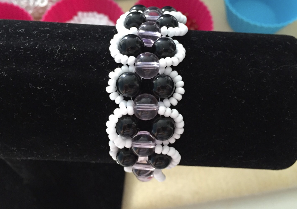 Pink, White and Black Beadwork Glass Cuff Bracelet
