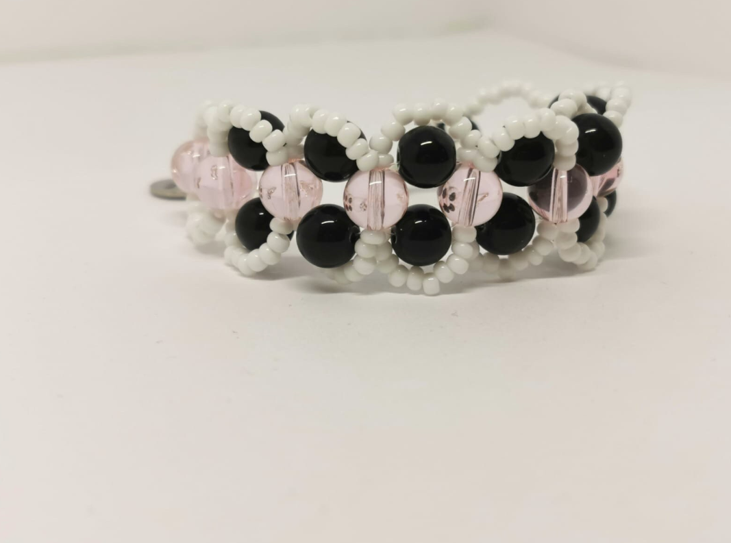 Pink, White and Black Beadwork Glass Cuff Bracelet