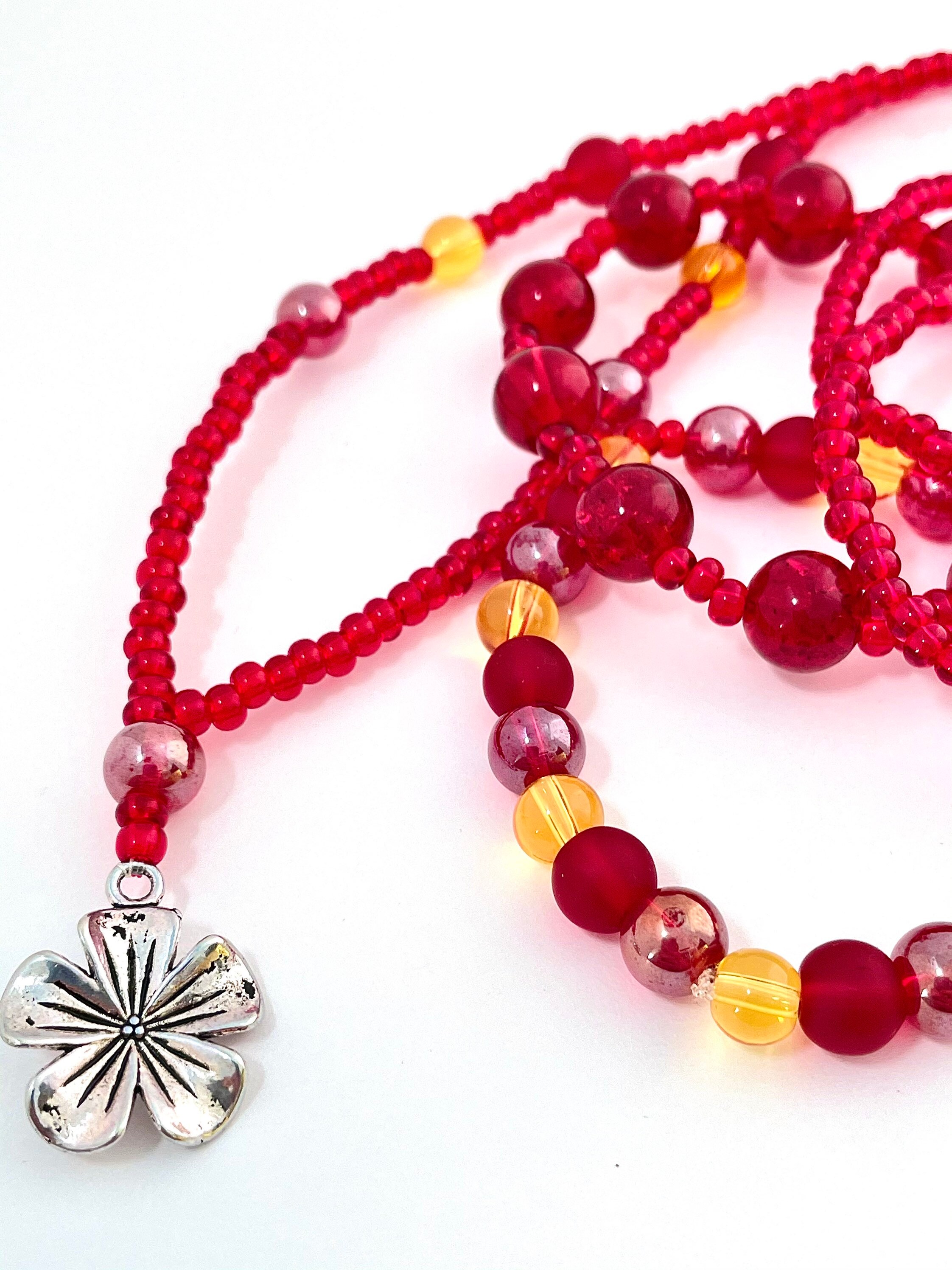 Pretty Red and Yellow Flower Necklace with 4 Matching Bracelets
