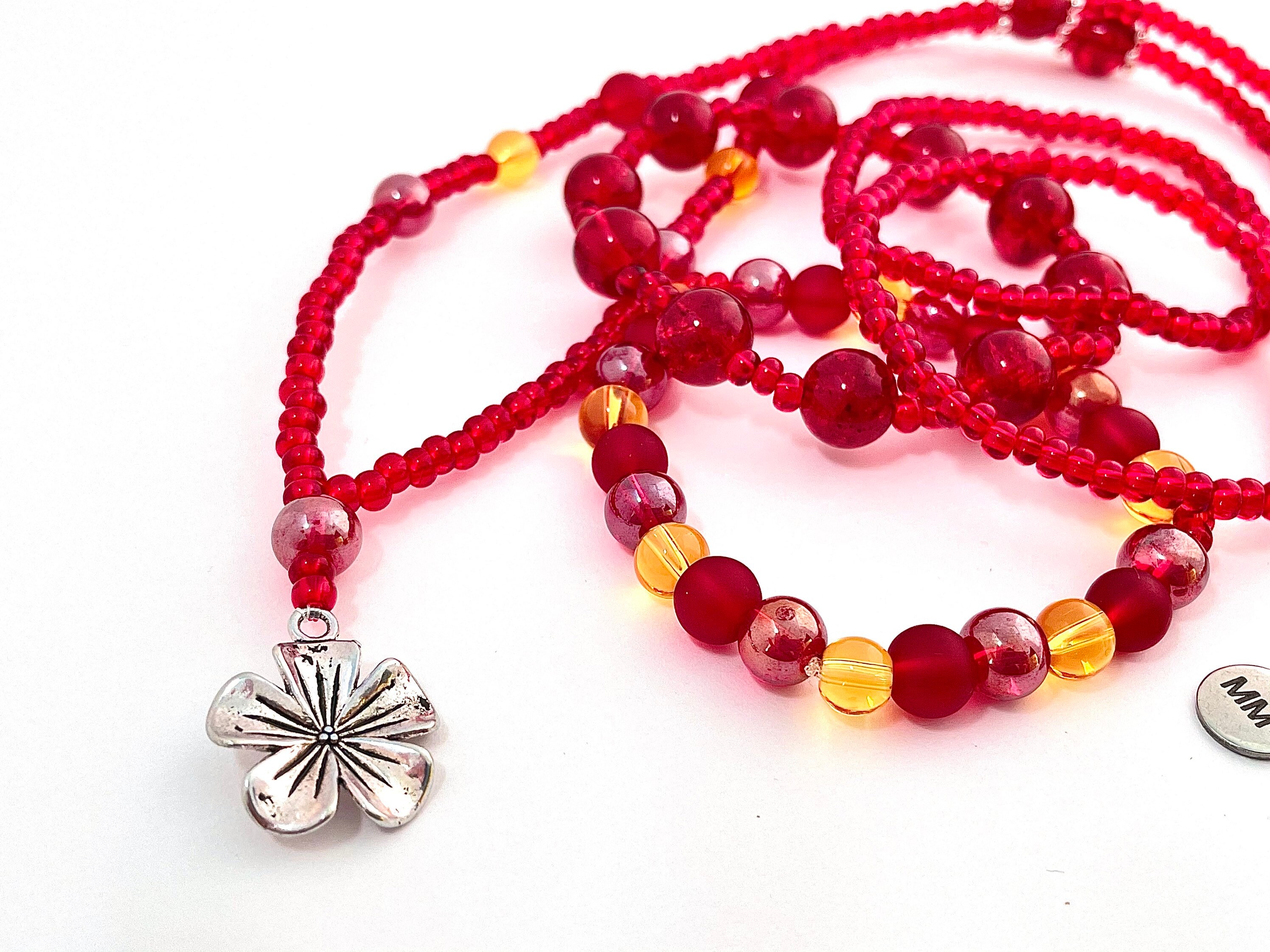 Pretty Red and Yellow Flower Necklace with 4 Matching Bracelets