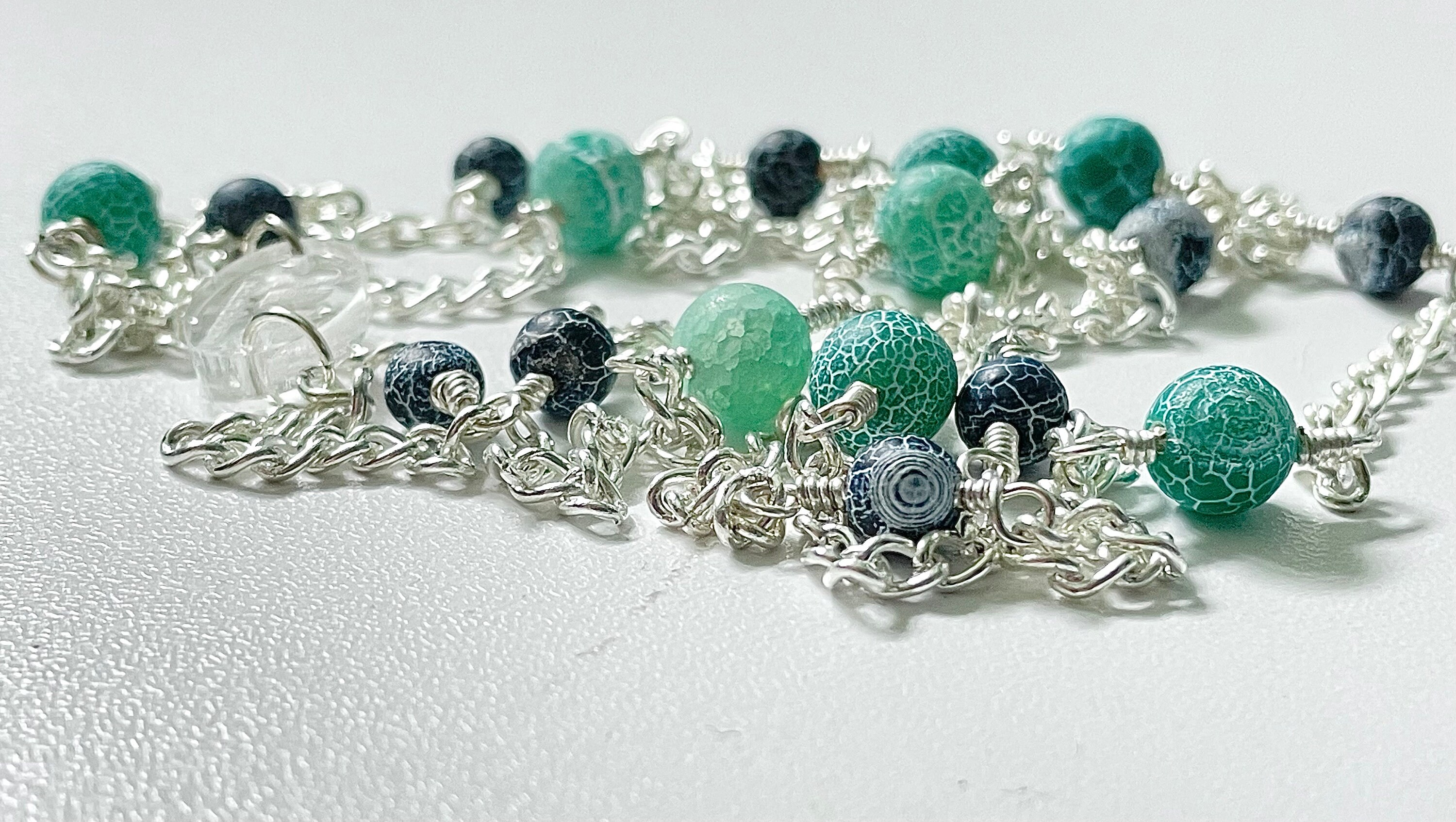 Purple & Green Frosted Cracked Agate Silver Chain Necklace