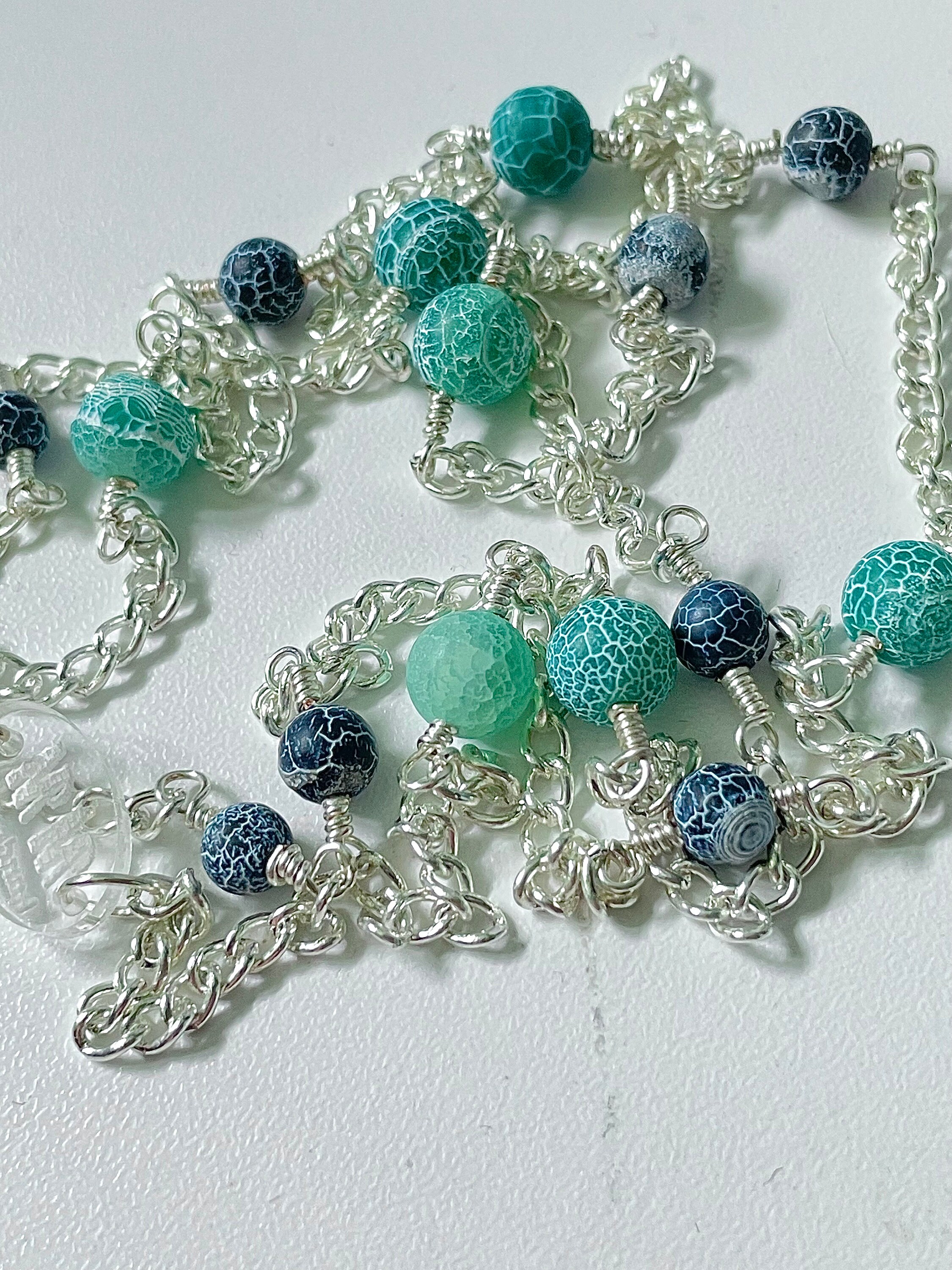 Purple & Green Frosted Cracked Agate Silver Chain Necklace