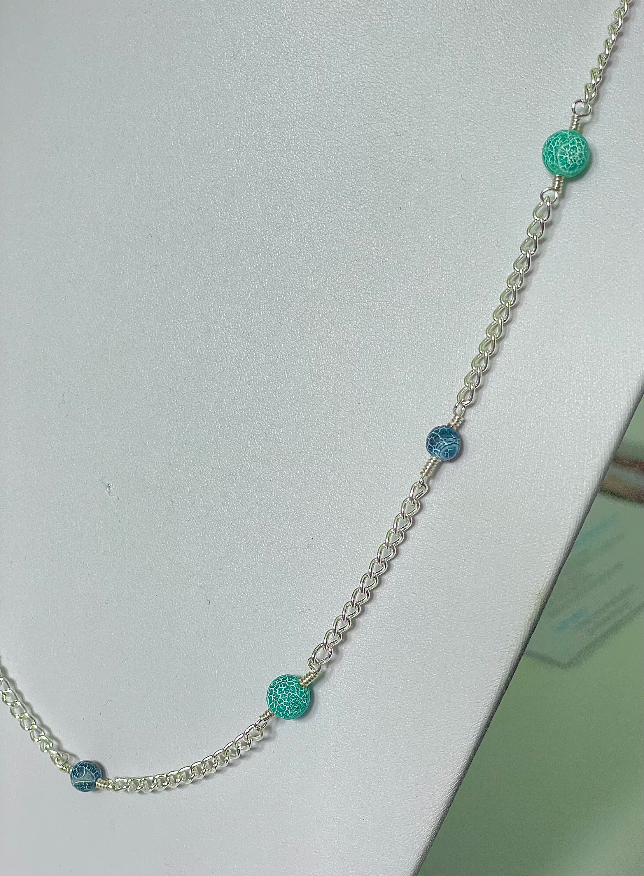 Purple & Green Frosted Cracked Agate Silver Chain Necklace