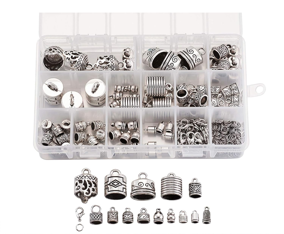 118 x Tibetan Silver Glue in Cord Ends Caps with Jump Rings and Lobster Claw Clasps