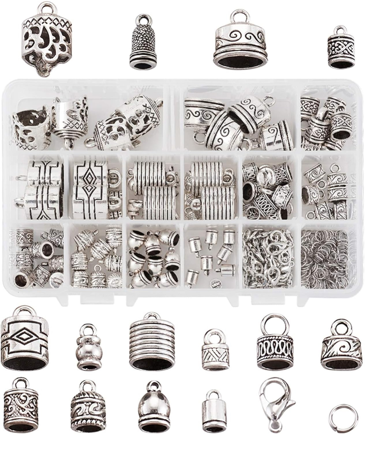 118 x Tibetan Silver Glue in Cord Ends Caps with Jump Rings and Lobster Claw Clasps