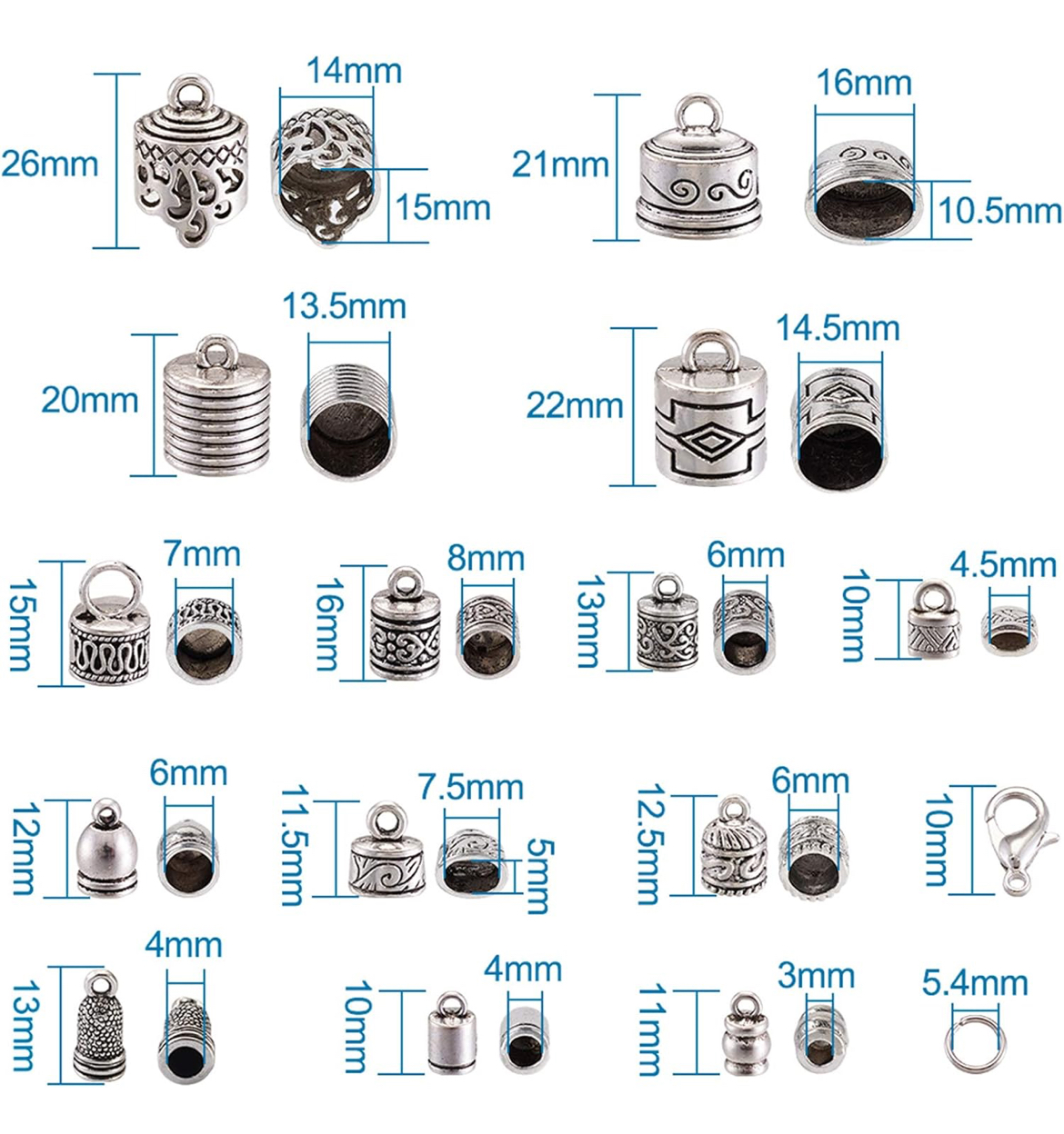 118 x Tibetan Silver Glue in Cord Ends Caps with Jump Rings and Lobster Claw Clasps