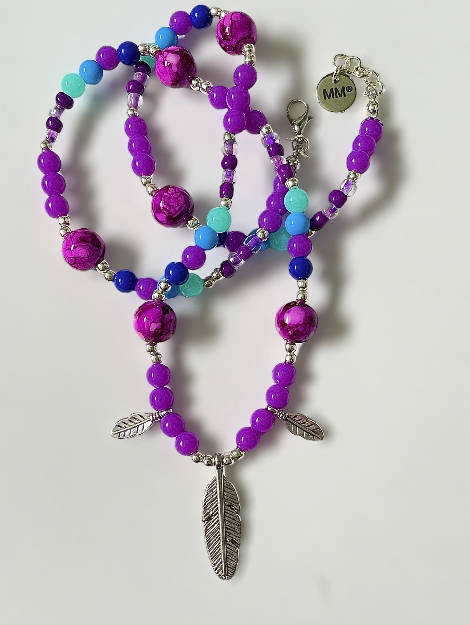 Purple, Green and Blue Feather Pendants Charms Necklace