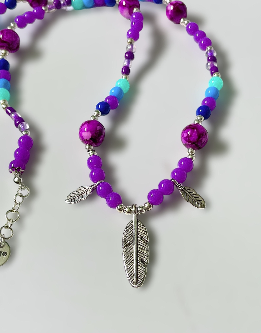 Purple, Green and Blue Feather Pendants Charms Necklace