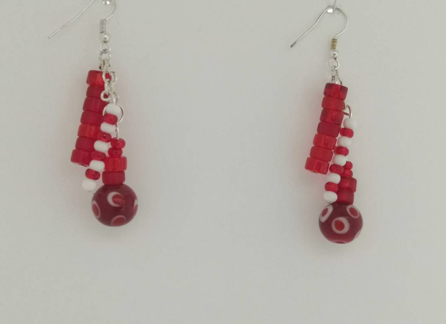 Red and White Glass Dangle Hook Earrings
