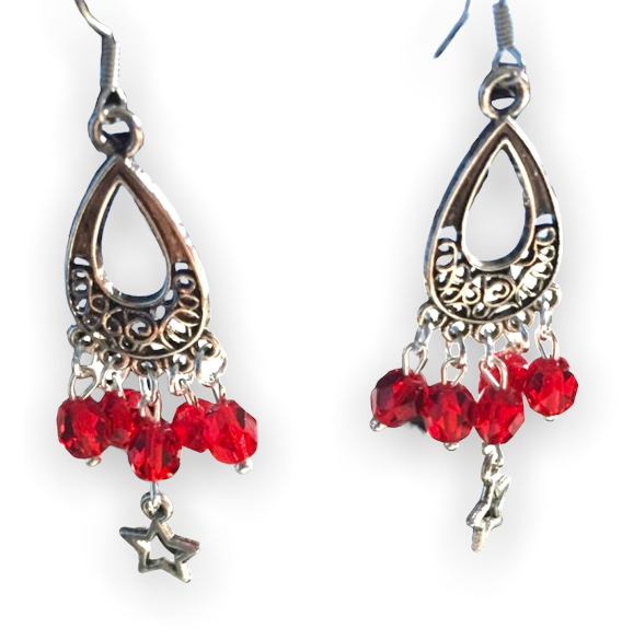 Red Glass Drop Pendant and Tibetan Silver Star Dangle Earrings