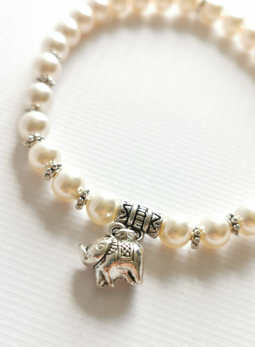 Rose Glass Swarovski Pearl and Elephant Charm Bracelet
