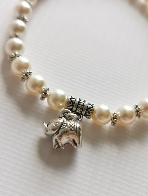 Rose Glass Swarovski Pearl and Elephant Charm Bracelet