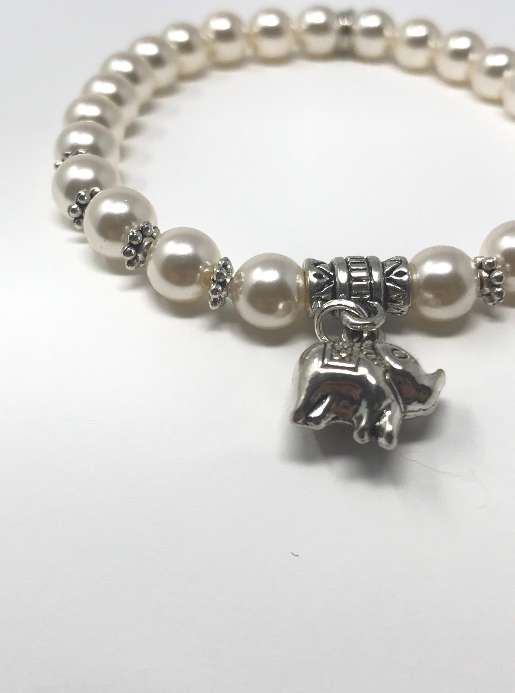 Rose Glass Swarovski Pearl and Elephant Charm Bracelet