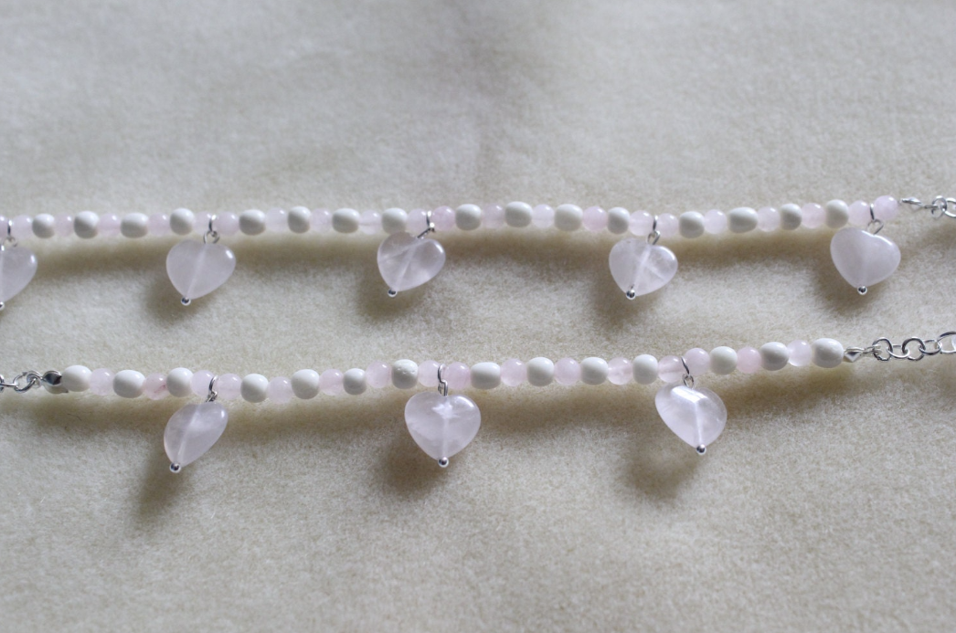Rose Quartz Hearts and Bone Bracelet