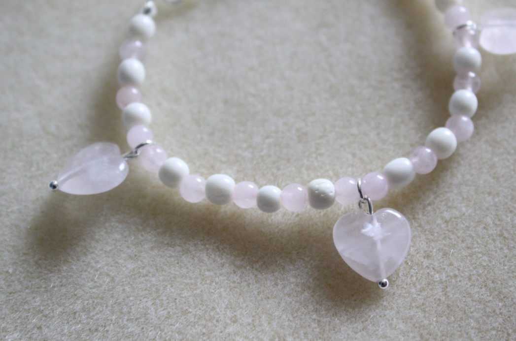 Rose Quartz Hearts and Bone Bracelet
