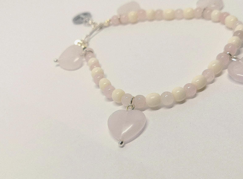Rose Quartz Hearts and Bone Bracelet