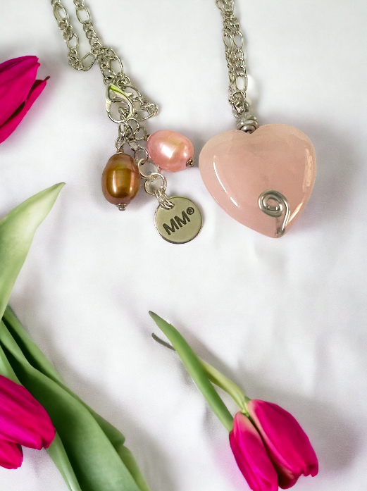 Rose Quartz Heart and Pearl Pendant Chain Necklace