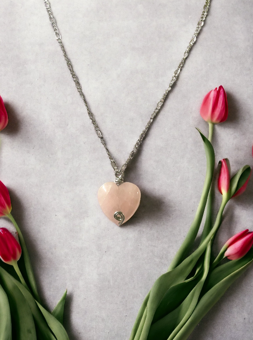 Rose Quartz Heart and Pearl Pendant Chain Necklace