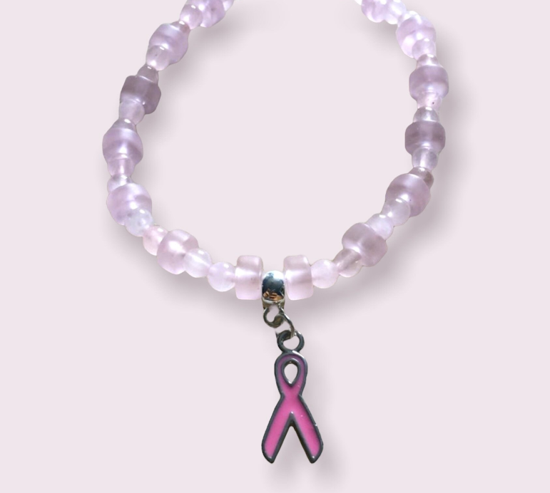 Rose Quartz, Pink Frosted Glass and Pink Ribbon Charm Awareness Bracelet