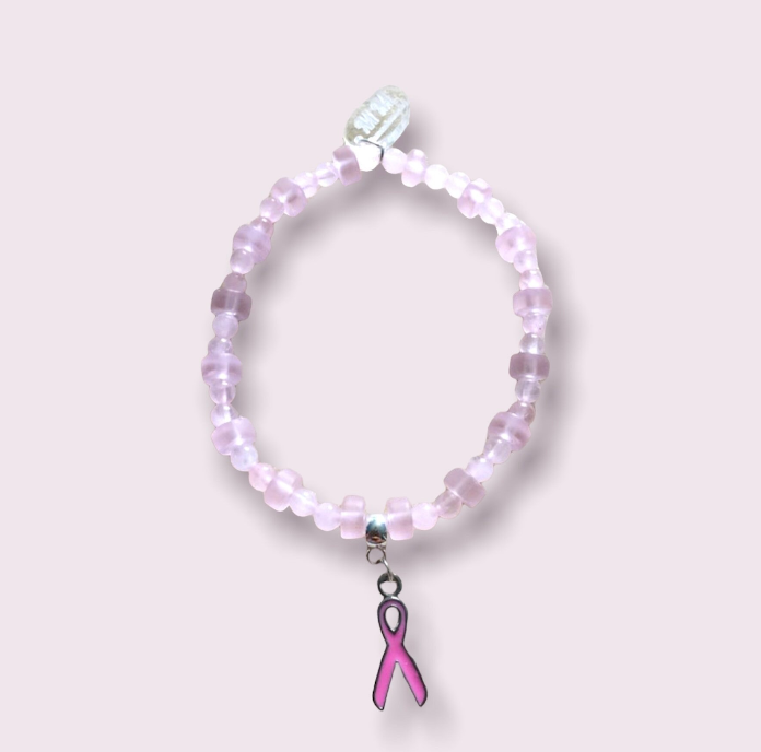 Rose Quartz, Pink Frosted Glass and Pink Ribbon Charm Awareness Bracelet