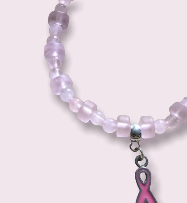 Rose Quartz, Pink Frosted Glass and Pink Ribbon Charm Awareness Bracelet