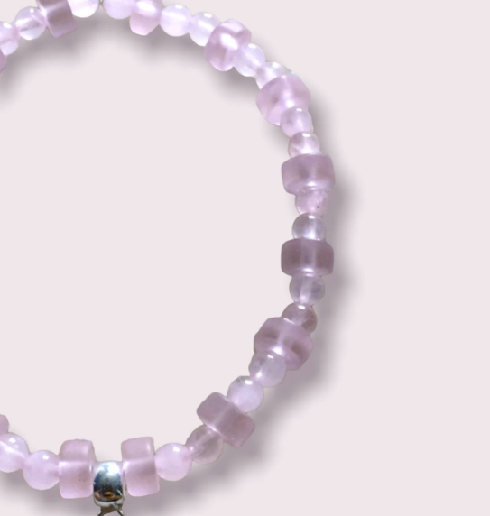 Rose Quartz, Pink Frosted Glass and Pink Ribbon Charm Awareness Bracelet