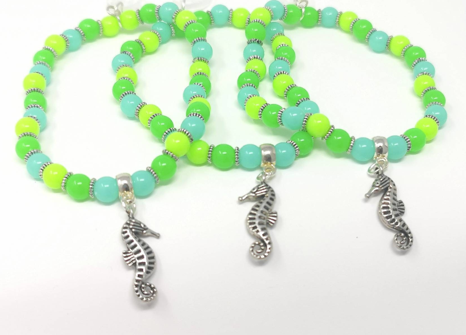 Sea Side Inspired Blue and Green Seahorse Charm Bracelet