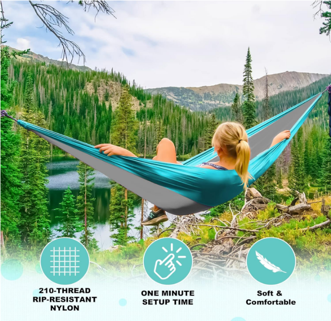 Camping Hammock Double & Single Portable Hammocks with 2 Tree Straps and Attached Carry Bag,Great for Outdoor,Indoor,Beach,Camping,Light Grey  Sky Blue