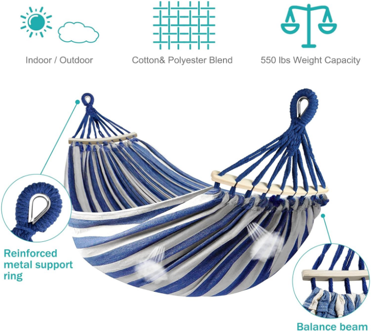 Hammocks Portable Camping Hammock Upgraded 550lb Comfortable Fabric Hammock with Two Anti Roll Balance Beam and Sturdy Metal Knot Tree Straps for Camping, Patio, Backyard, Outdoor(Blue White)