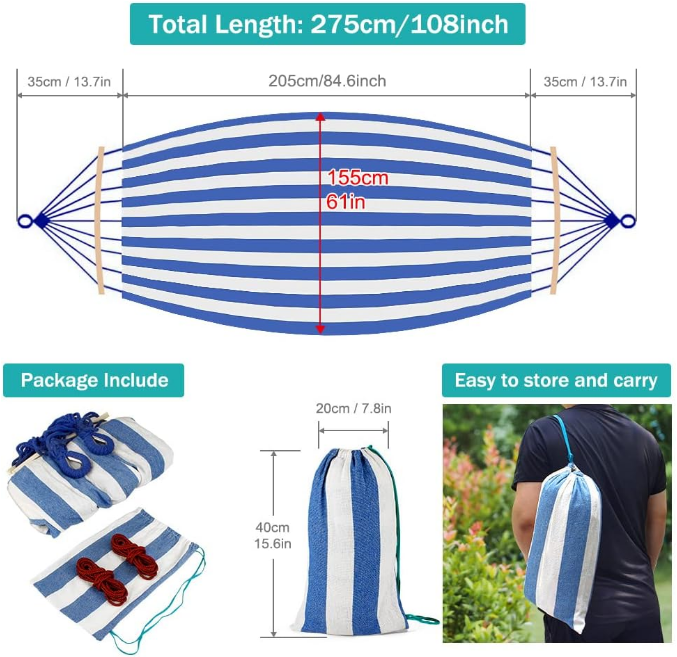 Hammocks Portable Camping Hammock Upgraded 550lb Comfortable Fabric Hammock with Two Anti Roll Balance Beam and Sturdy Metal Knot Tree Straps for Camping, Patio, Backyard, Outdoor(Blue White)