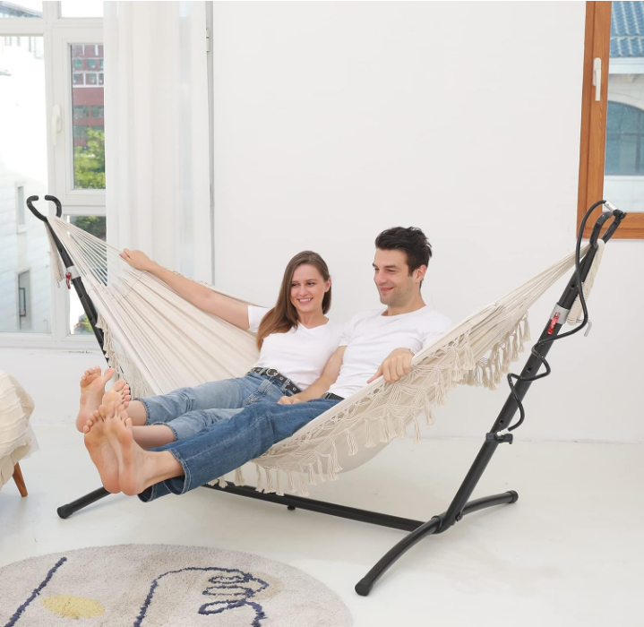 Hammock Hanging Swing Double Max 500lbs Macrame for Indoor Outdoor Patio Yard Garden (Beige)