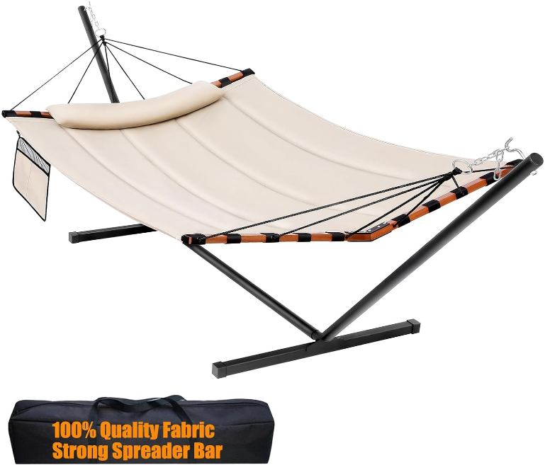 12FT 2 Person Hammock with Stand Included 55 x 79IN Large Hammock 450LB Capacity with Hardwood Spreader Bar & Nylon Rope for Outside, Patio, Garden, Backyard, Beach, Poolside - Beige
