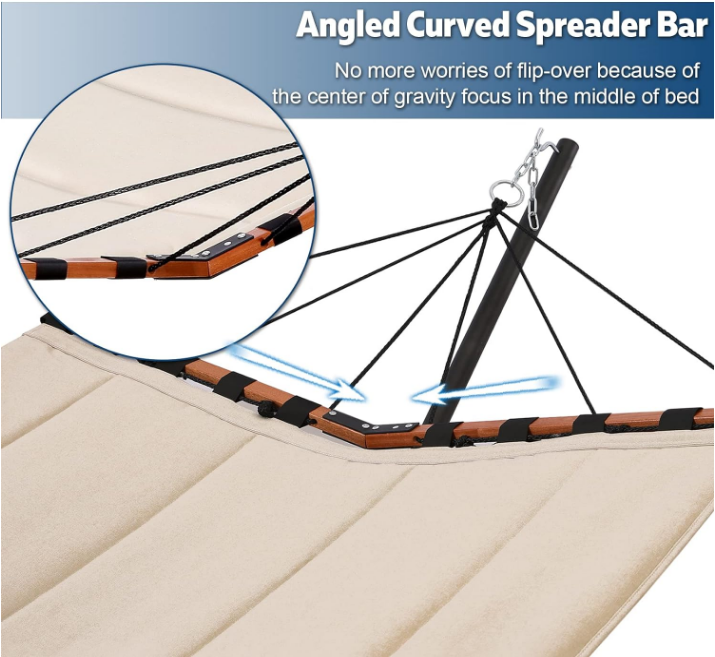 12FT 2 Person Hammock with Stand Included 55 x 79IN Large Hammock 450LB Capacity with Hardwood Spreader Bar & Nylon Rope for Outside, Patio, Garden, Backyard, Beach, Poolside - Beige