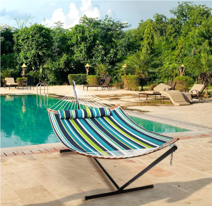 Hammock with Stand, 2 Person Heavy Duty Hammock with Padded Cotton, Detachable Pillow & Strong Curved-Bar & Portable Carrying Bag, Perfect for Outdoor & Indoor - Dark Cyan
