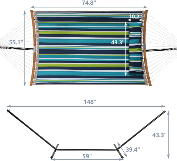 Hammock with Stand, 2 Person Heavy Duty Hammock with Padded Cotton, Detachable Pillow & Strong Curved-Bar & Portable Carrying Bag, Perfect for Outdoor & Indoor - Dark Cyan