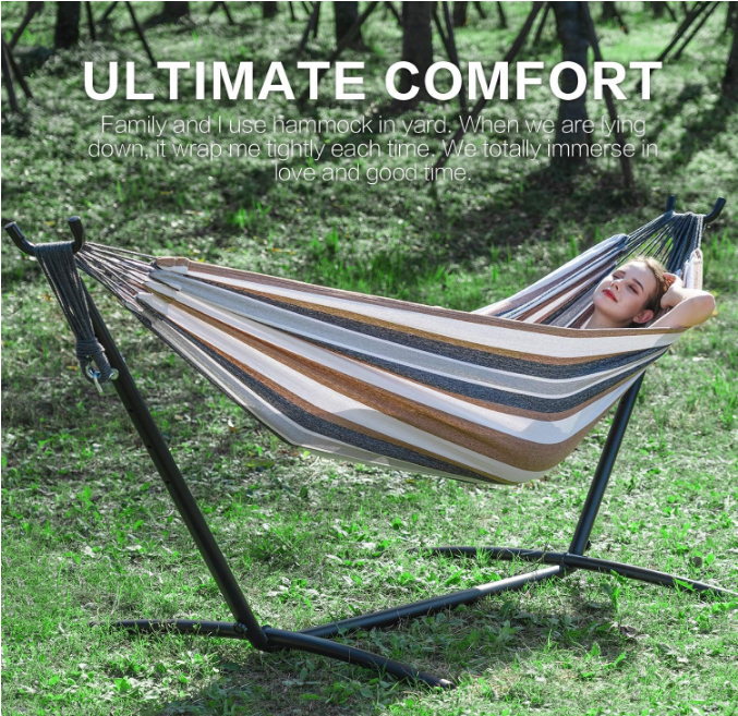 Double Hammock with Space Saving Steel Stand Included 2 Person Heavy Duty Outside Garden Yard Outdoor 450lb Capacity 2 People Standing Hammocks and Portable Carrying Bag (Coffee)