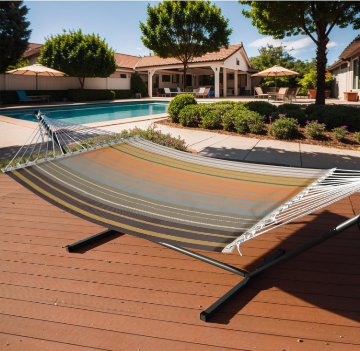 13 FT Double Quick Dry Hammock Folding Concealed Steel Spreader Bar Portable Two Person Hammock for Camping Outdoor Patio Yard Beach，450 lbs Capacity，Coffee