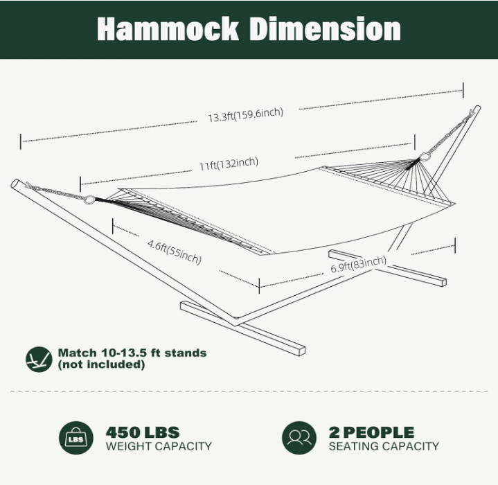 13 FT Double Quick Dry Hammock Folding Concealed Steel Spreader Bar Portable Two Person Hammock for Camping Outdoor Patio Yard Beach，450 lbs Capacity，Coffee