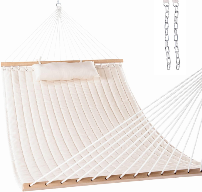 12 FT Double Quilted Fabric Hammock with Spreader Bars and Detachable Pillow, 2 Person Hammock for Outdoor Patio Backyard Poolside, 450 LBS Weight Capacity, Dark Cream