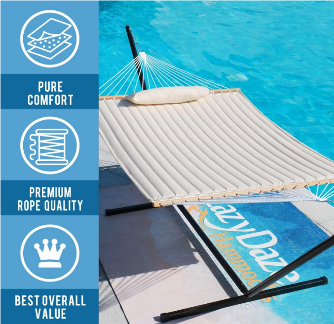 12 FT Double Quilted Fabric Hammock with Spreader Bars and Detachable Pillow, 2 Person Hammock for Outdoor Patio Backyard Poolside, 450 LBS Weight Capacity, Dark Cream