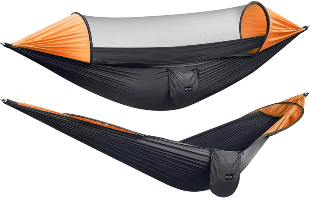 Large Camping Hammock with Mosquito Net 2 Person Pop-up Parachute Lightweight Hanging Hammocks Tree Straps Swing Hammock Bed for Outdoor Backpacking Backyard Hiking