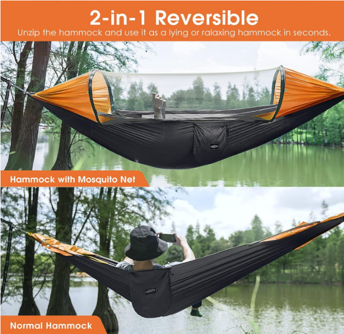 Large Camping Hammock with Mosquito Net 2 Person Pop-up Parachute Lightweight Hanging Hammocks Tree Straps Swing Hammock Bed for Outdoor Backpacking Backyard Hiking
