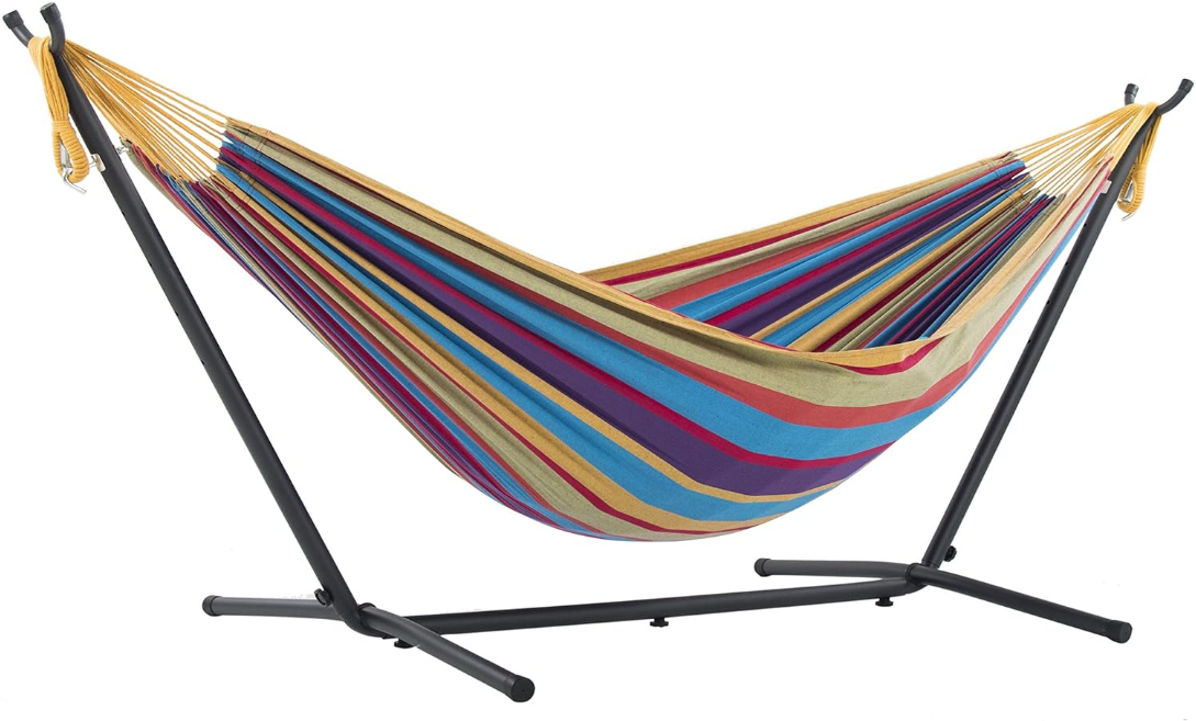 Double Cotton Hammock with Space Saving Steel Stand, Tropical (450 lb Capacity - Premium Carry Bag Included)