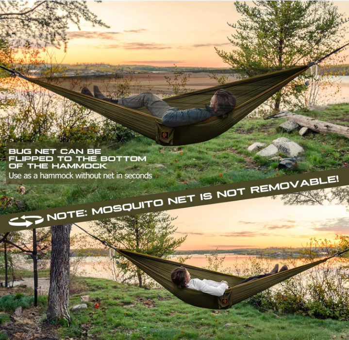 Camping Hammock, Portable Hammocks with Mosquito Net,Lightweight Nylon Parachute Hammock with 10ft Tree Straps,Camping Gear Must Haves for Travel Hiking Backpacking Beach Patio-Green&Khaki