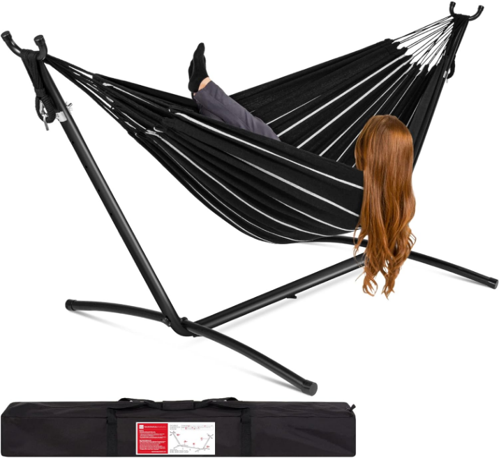 Double Hammock with Steel Stand, Indoor Outdoor Brazilian-Style Cotton Bed w/Carrying Bag, 2-Person Capacity - Onyx