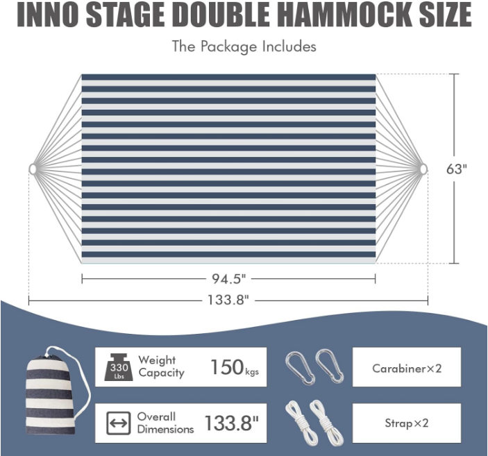 Double Hammock with Tree Straps - 2 Persons Hammock Portable Hanging Camping Bed for Patio, Backyard, Porch, Outdoor and Indoor Use - Soft Cotton Hammock with Carrying Bag, 340x160cm