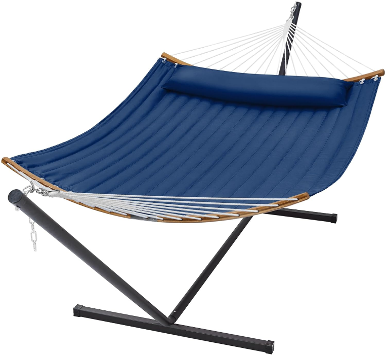 Curved-Bar Hammock with Stand, 2 Person Heavy Duty Hammock Frame, Detachable Pillow & Portable Carrying Bag, Perfect for Outdoor & Indoor, Navy Blue