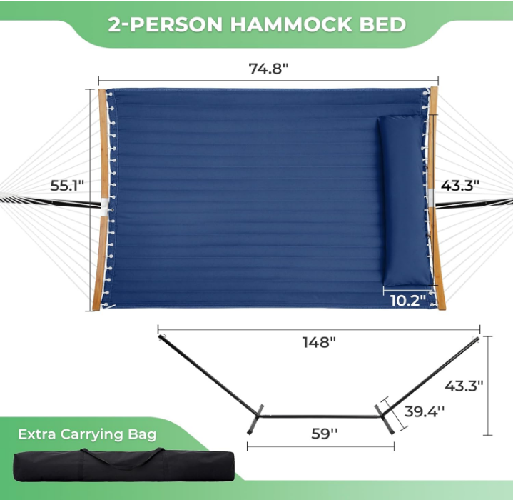 Curved-Bar Hammock with Stand, 2 Person Heavy Duty Hammock Frame, Detachable Pillow & Portable Carrying Bag, Perfect for Outdoor & Indoor, Navy Blue