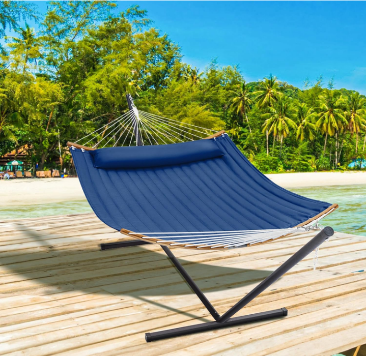 Curved-Bar Hammock with Stand, 2 Person Heavy Duty Hammock Frame, Detachable Pillow & Portable Carrying Bag, Perfect for Outdoor & Indoor, Navy Blue