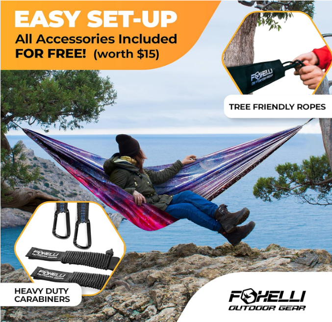 Camping Hammock – Lightweight Parachute Nylon Portable Hammock with Tree Ropes and Carabiners, Perfect for Outdoors, Backpacking, Hiking, Camping, Travel, Beach, Backyard & Garden